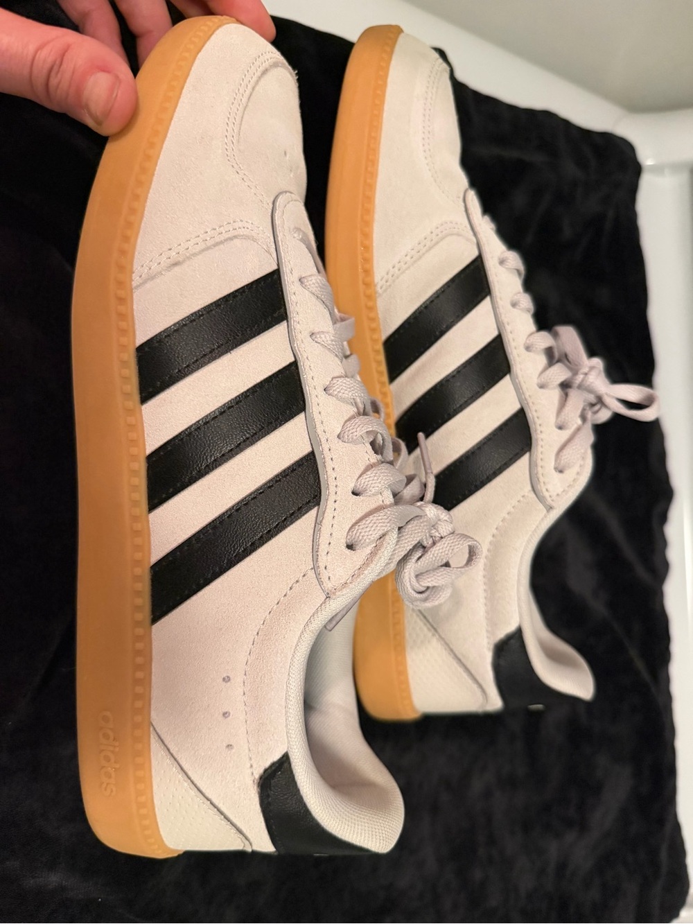 Women’s brand new Adidas taupe and black stripe cloudfoam gym shoes size 9.5